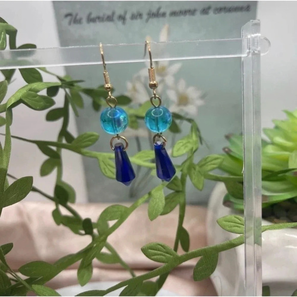 2 LEFT! Blue Beaded Geo Drop Earrings - Picture 3 of 3